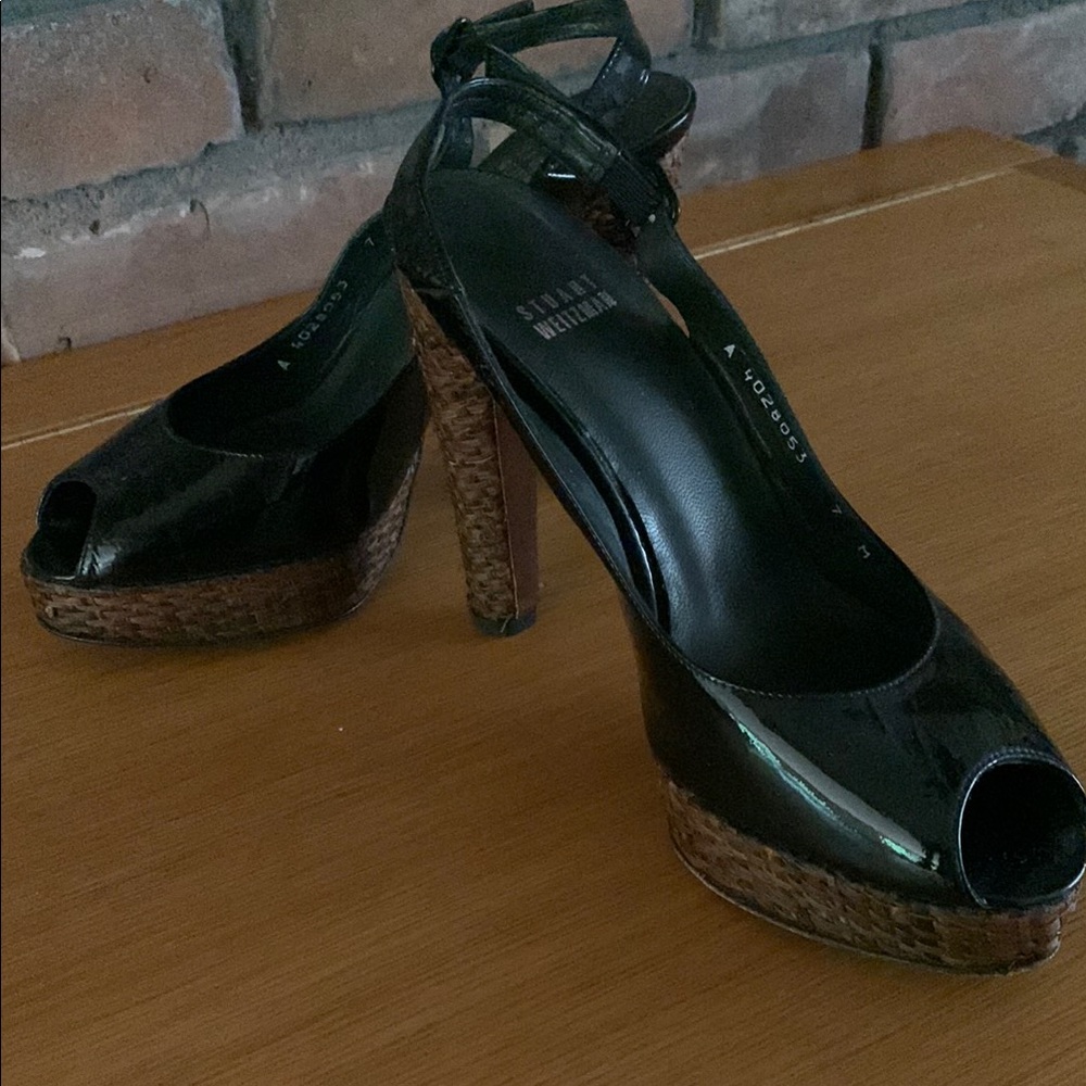 Stuart Weitzman Black Block Heel Peep-Toe Heels